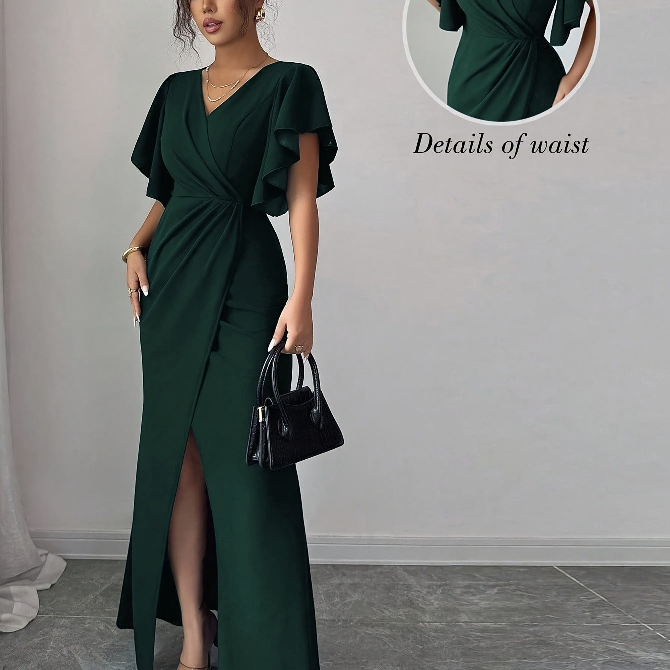 Lotus-Leaf Sleeve V-Neck Waist-Cinching Slim-Fit Long Dress