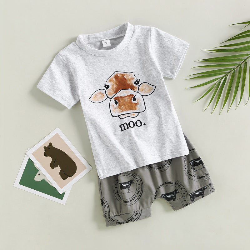 Boys' Printed Letters Round Neck Short Sleeve Shorts Suit