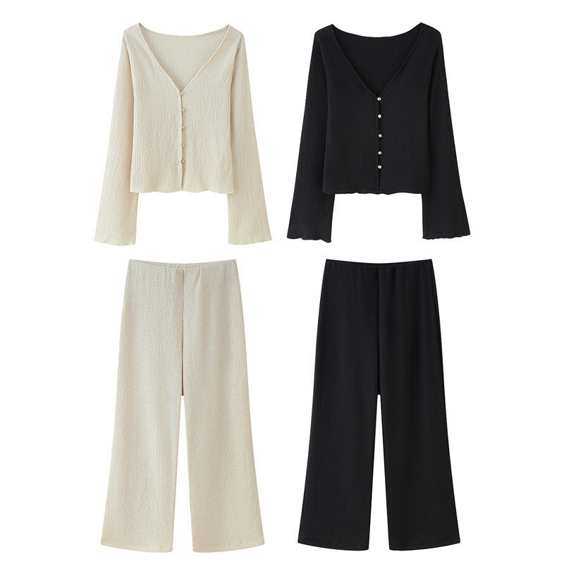Texture Sense V-neck Long Sleeve Top Baggy Straight Trousers Suit