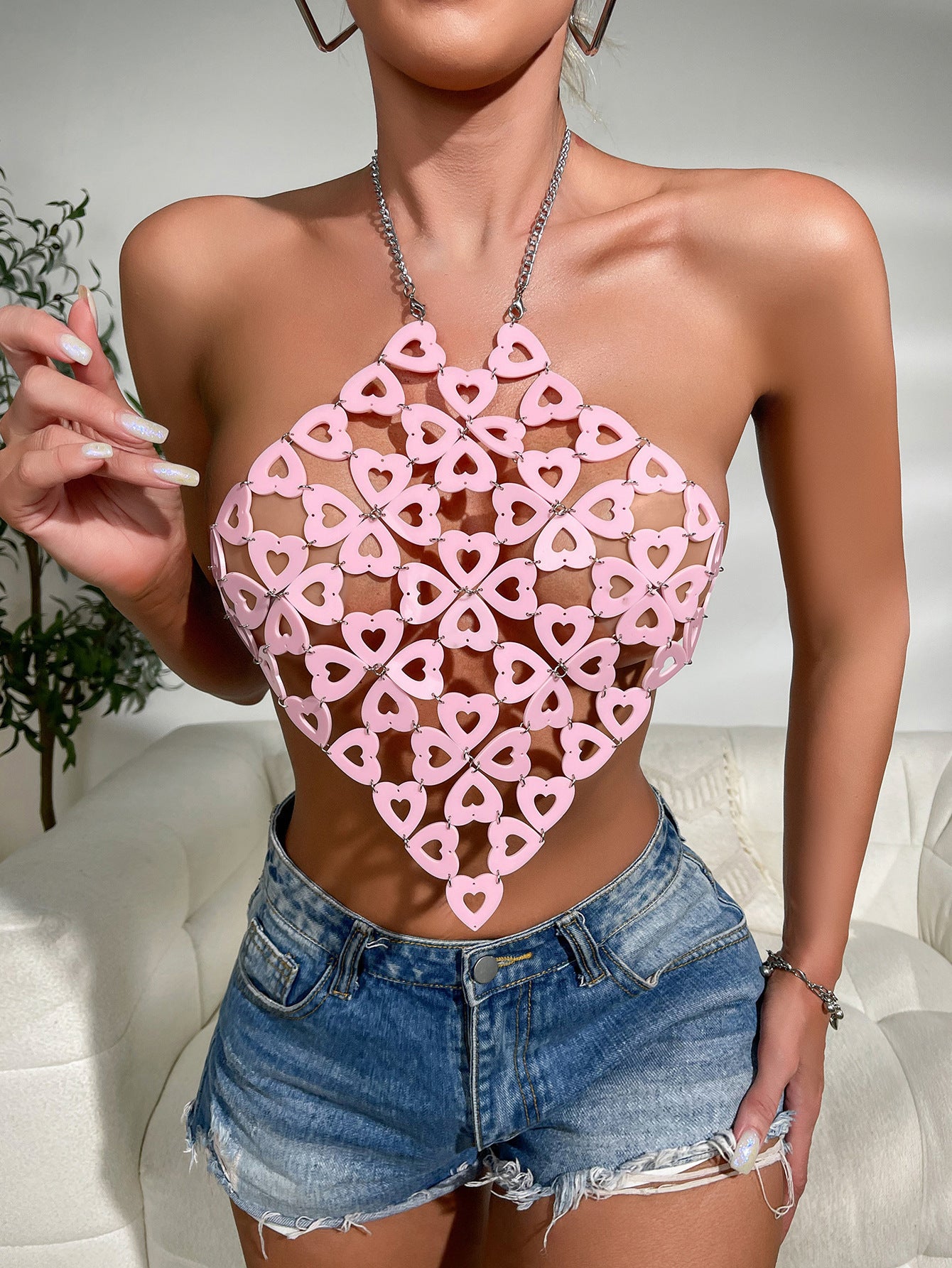 Heart Sequins Acrylic Metal Chain Stitching Halterneck Vest Women