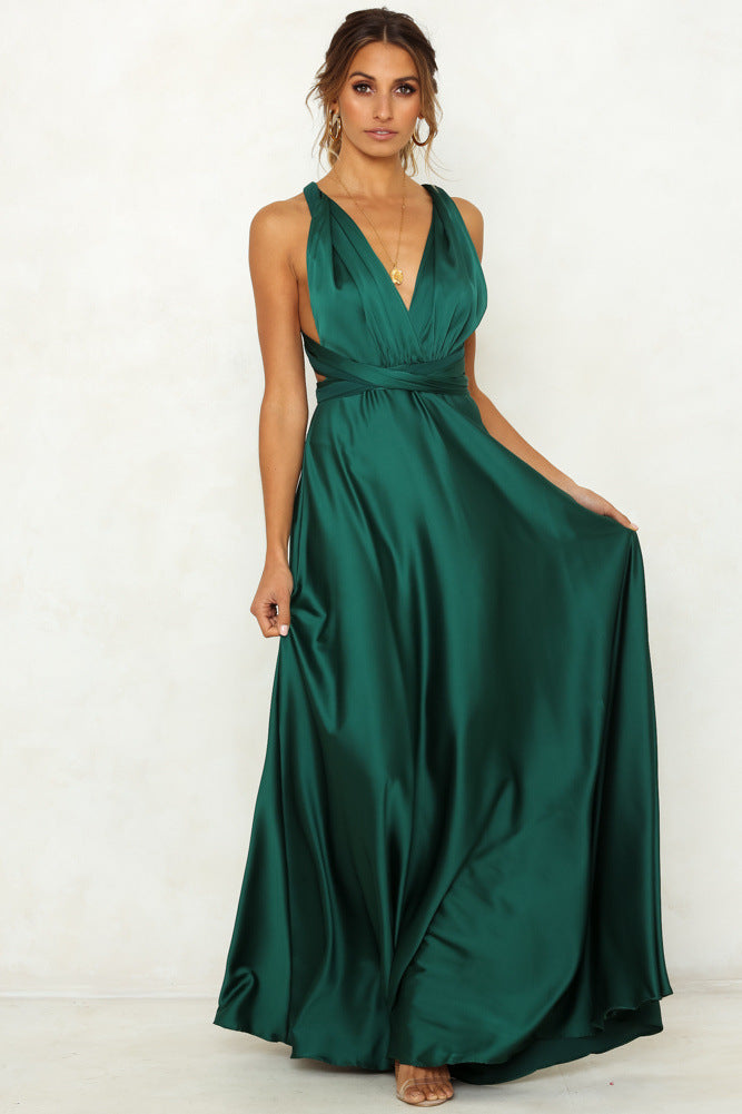 Deep V-neck Sleeveless Lace-up Backless High Waist Large Swing Satin Dress