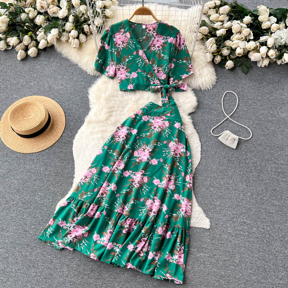 Floral Womens Cross V Neck Strap Crop Top And High Waisted Flared Skirt Two Piece Set