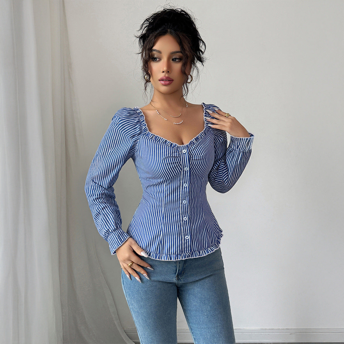Style Striped Long-sleeved T-shirt Blouse Women
