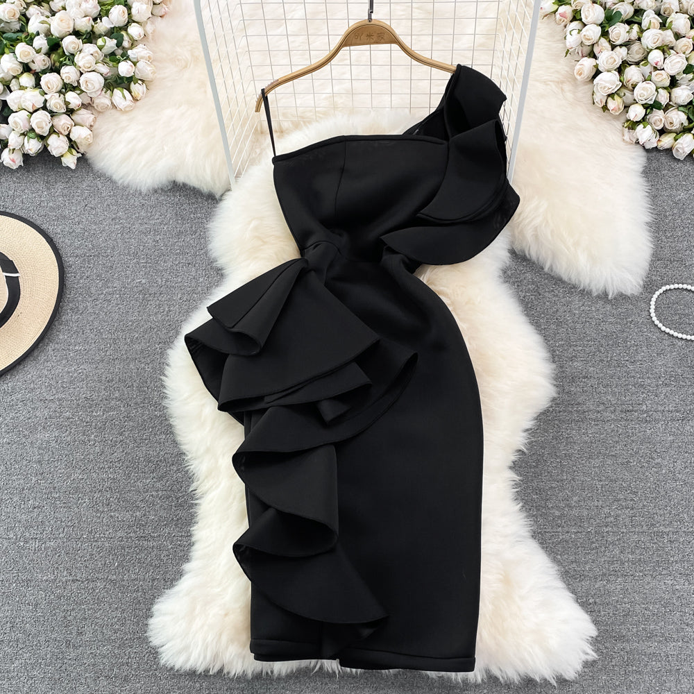 Oblique Neck Off Shoulder Strap Ruffled Dress