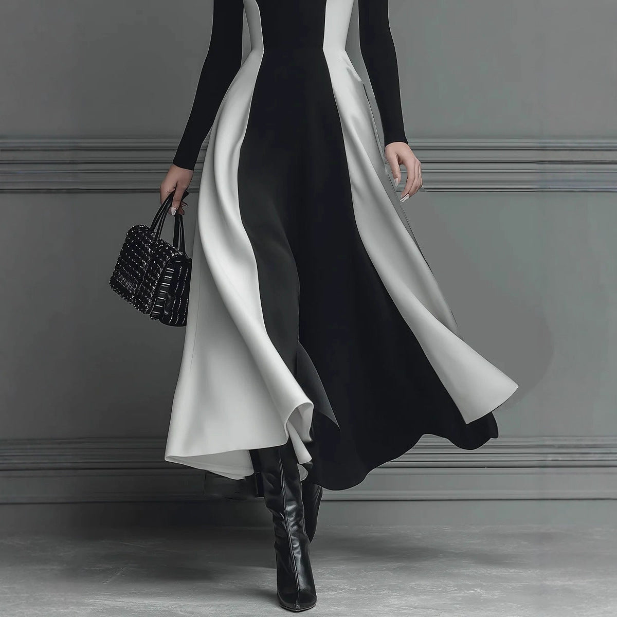 Color-Block Knitted Turtleneck Elegant Long-Sleeve Slim-Fit Dress