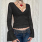 Temperament Red Lace V-neck Mesh Long-sleeved Top For Women