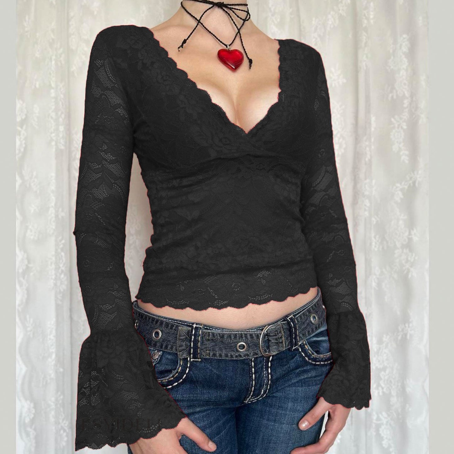 Temperament Red Lace V-neck Mesh Long-sleeved Top For Women