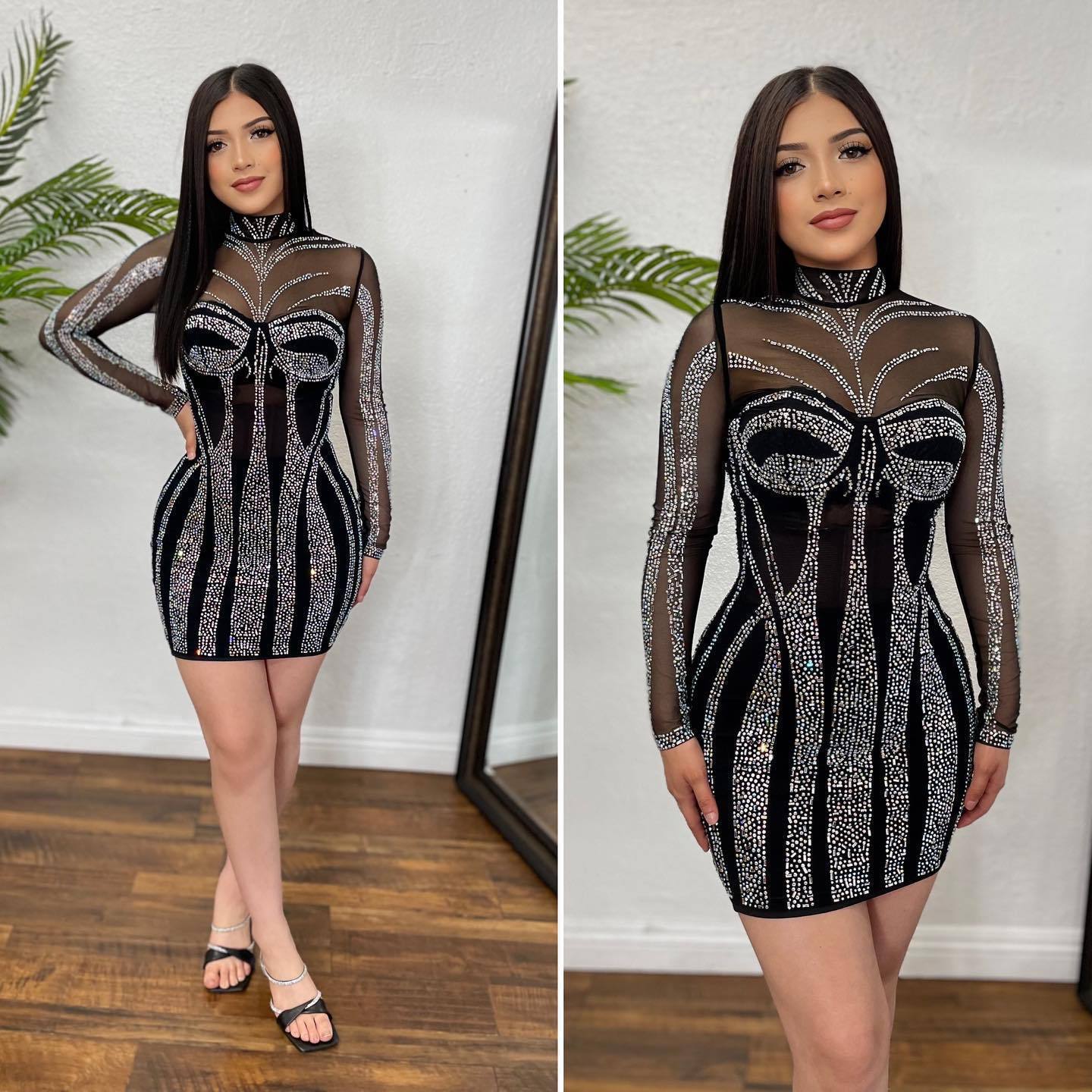 Heavy Embroidery Drilling Sheer Mesh Elastic Hip Dress