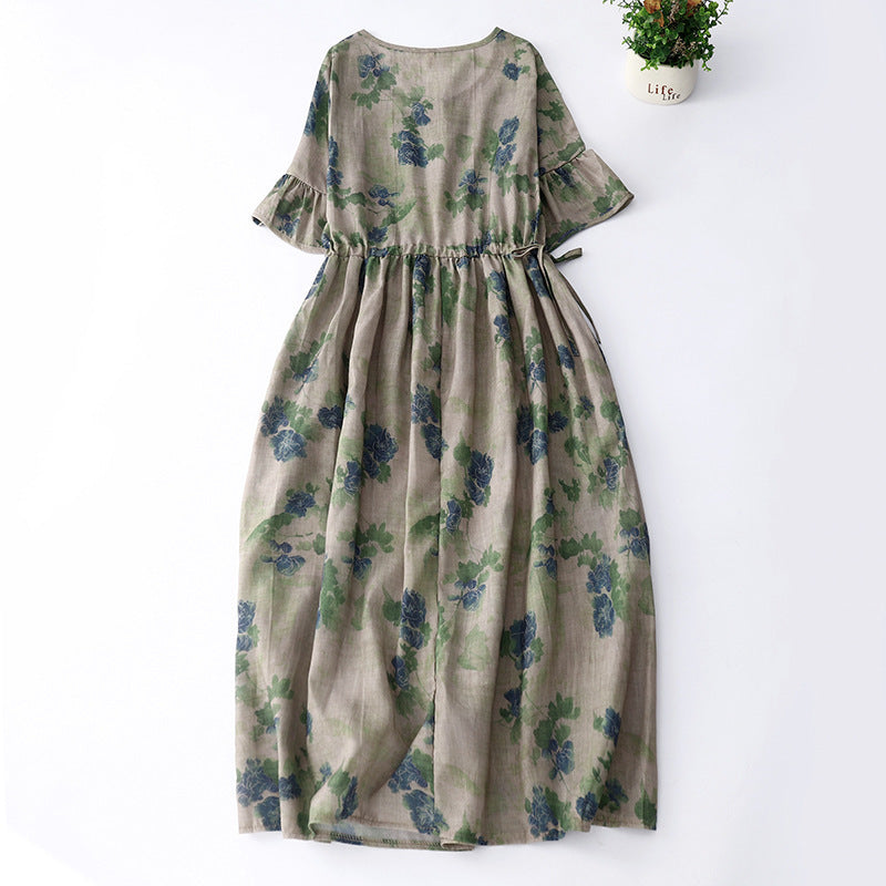Summer Elegant Cotton And Linen Floral Belly-covering Dress