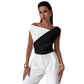 Color-blocked Asymmetric Shoulder Ruffled Hem Slim-fit Versatile Elegant Commuter Top