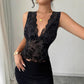 Slim Fit Flocking Mesh Black Contrast Color Lace V-neck Vest Top