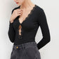 Autumn And Winter Black V-neck Lace-trimmed Twist Long-sleeved Hollow-out Design Slim-fit Bodysuit