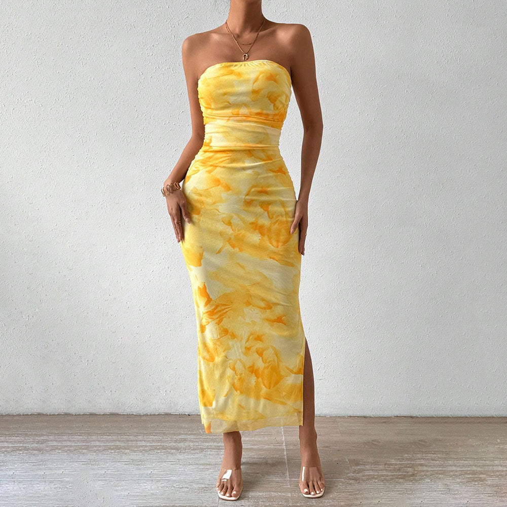 Women's Mesh Floral Print Dress New High Waist Slim Slit Tube Top