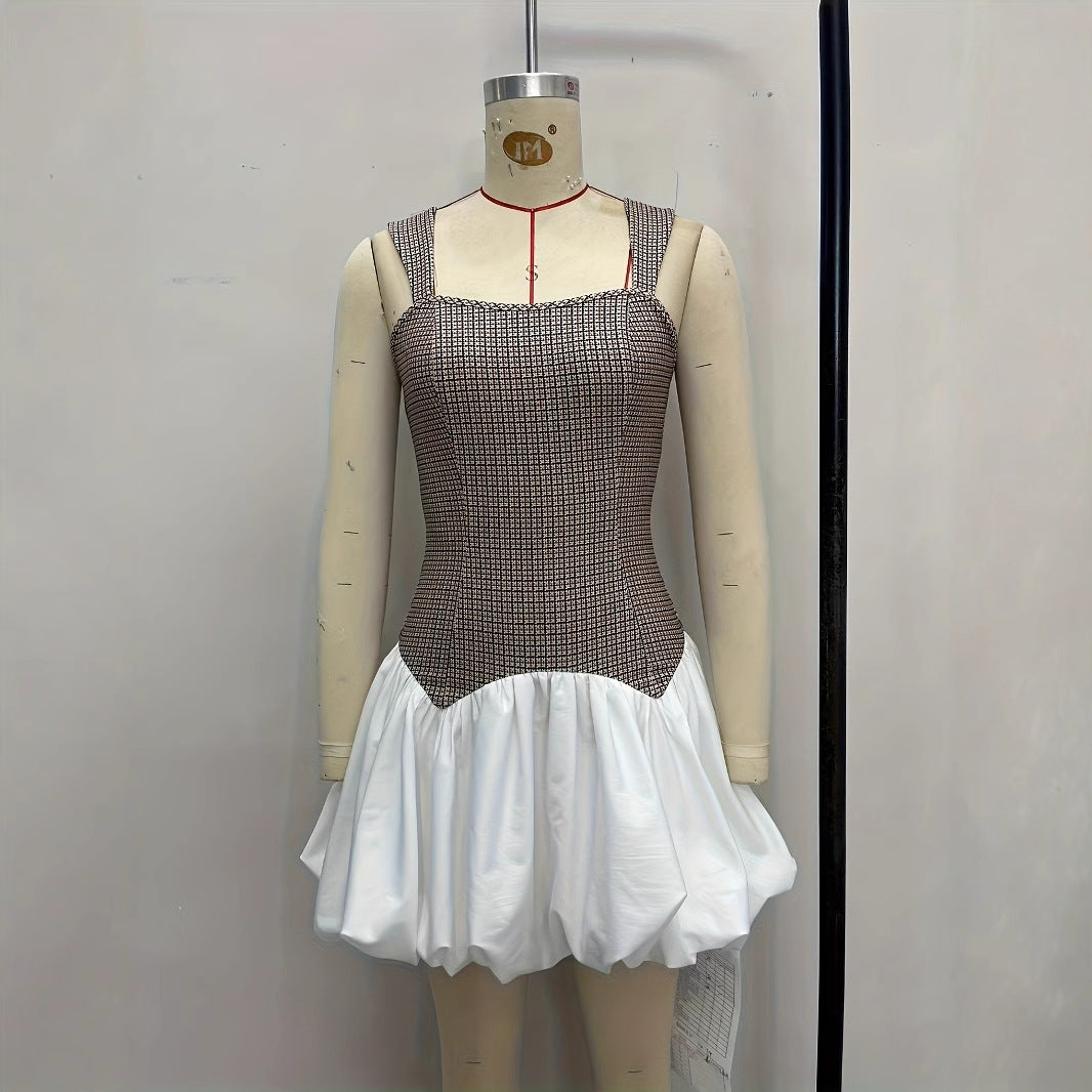 Color Block Stretchy Slim Fit Short Suspender Dress For Women