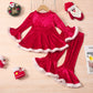 Girls Fall Winter Christmas Solid Color Raw Edge Flare Pants Two Piece Set