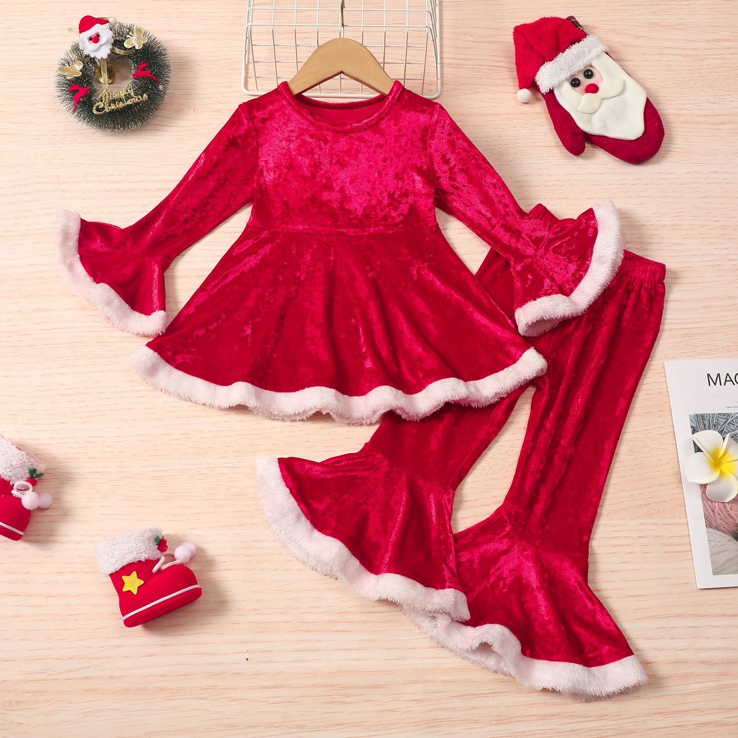 Girls Fall Winter Christmas Solid Color Raw Edge Flare Pants Two Piece Set