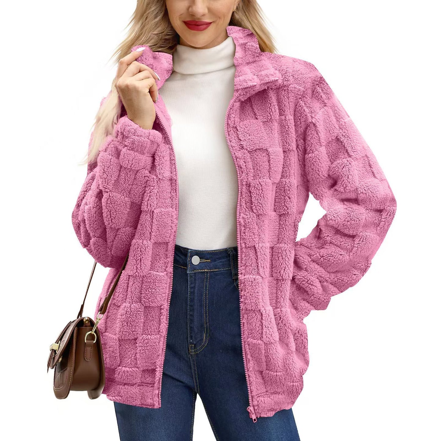 Women's Zipped Stand Collar Loose Jacquard Square Plaid Plush Coat