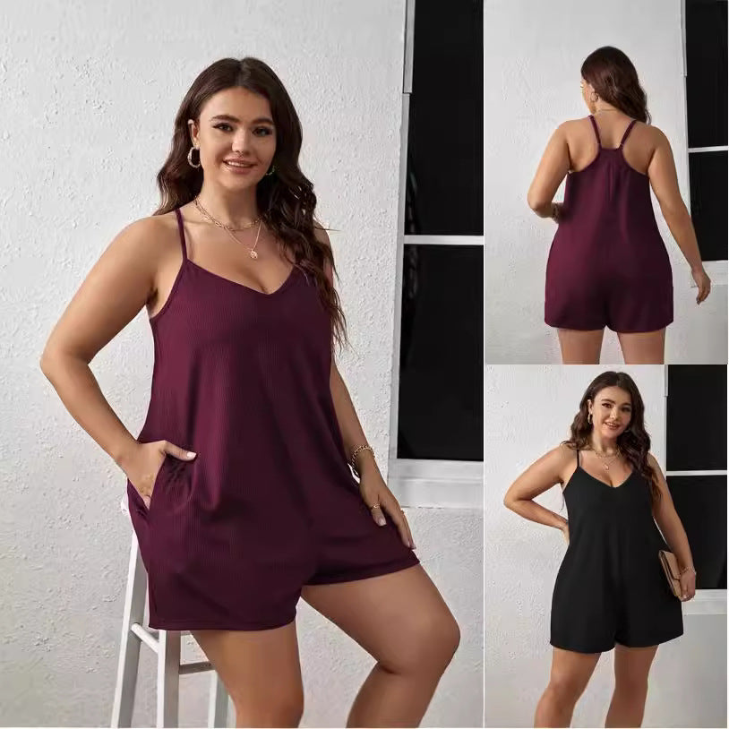 V-neck Plus Size Women's Suspender Jumpsuit