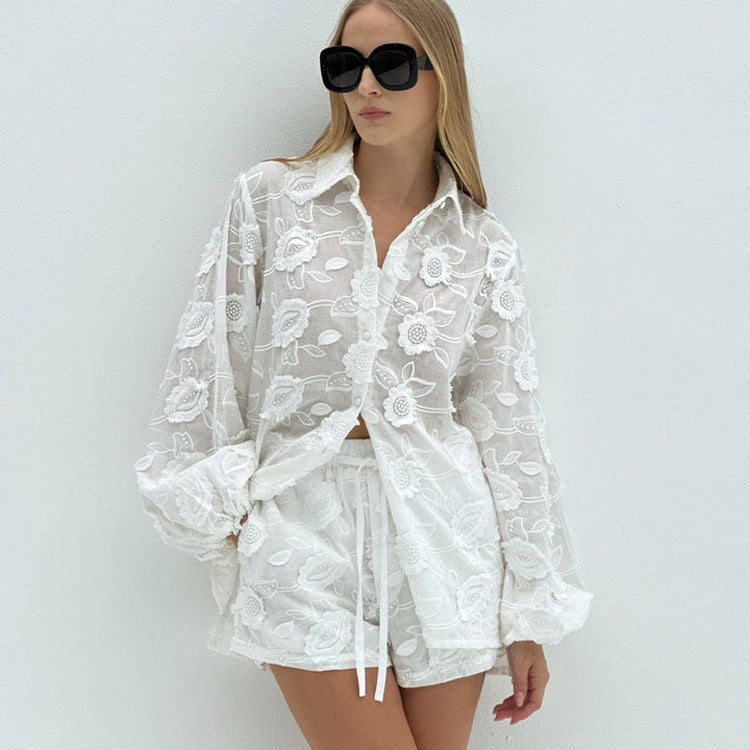 Embroidered Transparent Shirt High Waist Shorts