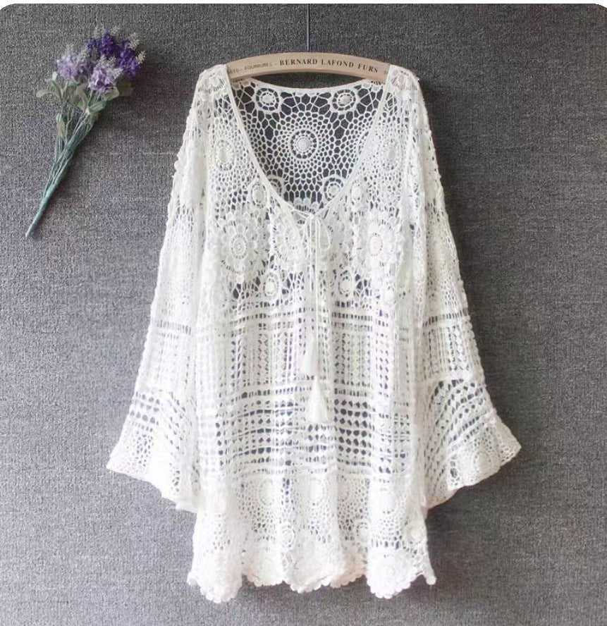 Summer Plus Size Women's Clothing Oversize Thin Lace Crocheted Hollow Out Sun Protective Blouse Ice Silk Wool Sweater Top