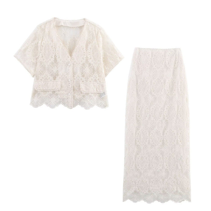 French Retro Mesh Two-piece Set Embroidery Skirt Suit