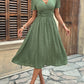 V-neck Pleated Buttoned Lantern-sleeve Dress