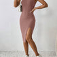Rib Fabric Slit Solid Color Sling Slim Fit Long Dress