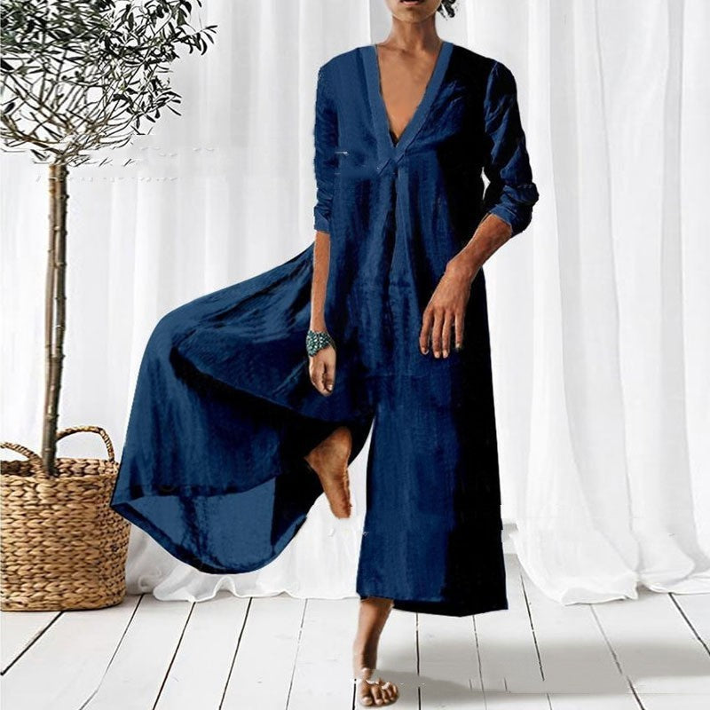 Loose V-neck Long Jumpsuit For Women