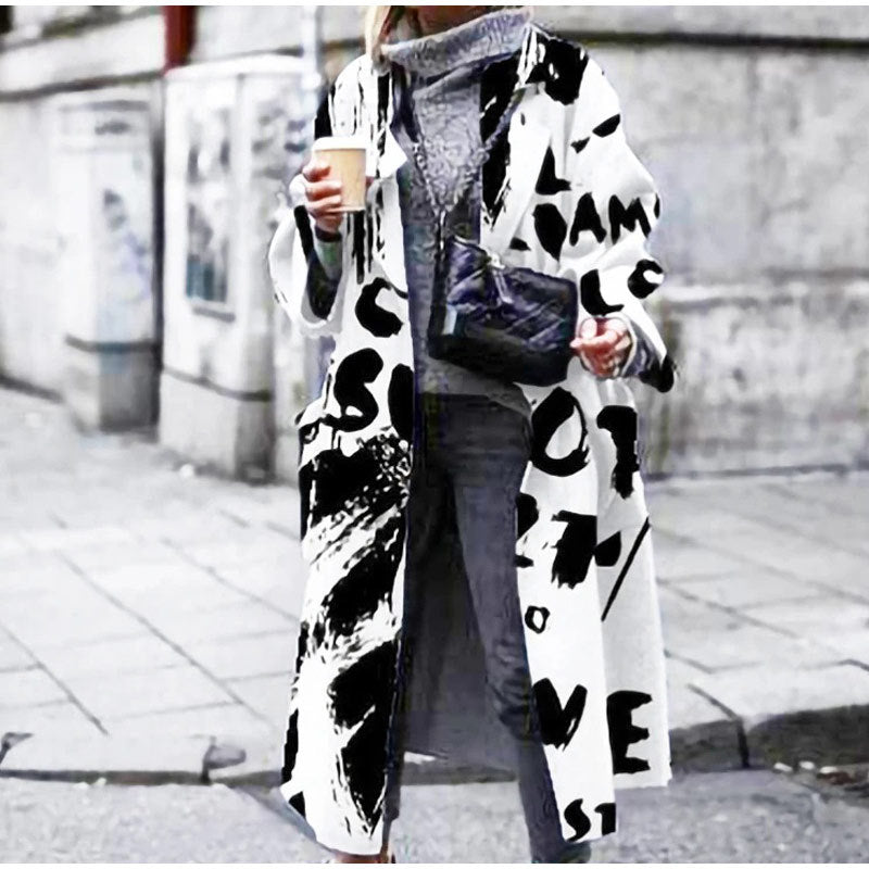 Manteau long imprimé à manches longues pour femme, style européen et américain, automne et hiver