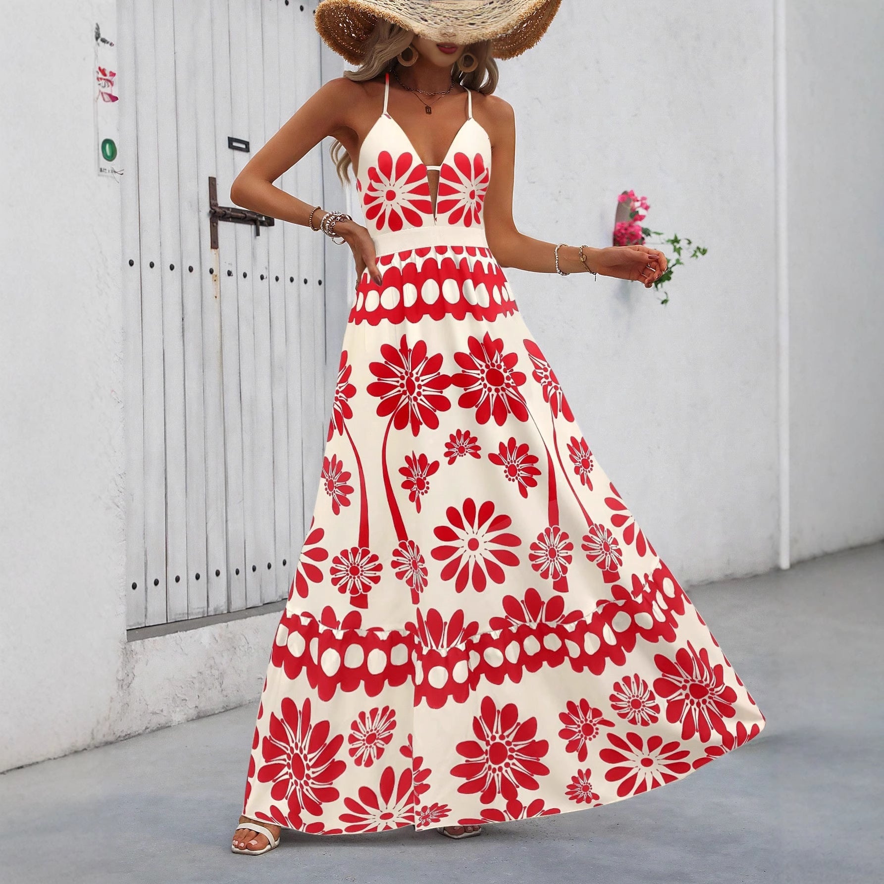 Printed Strap Maxi Dress With A Vacation-ready Open-back Design