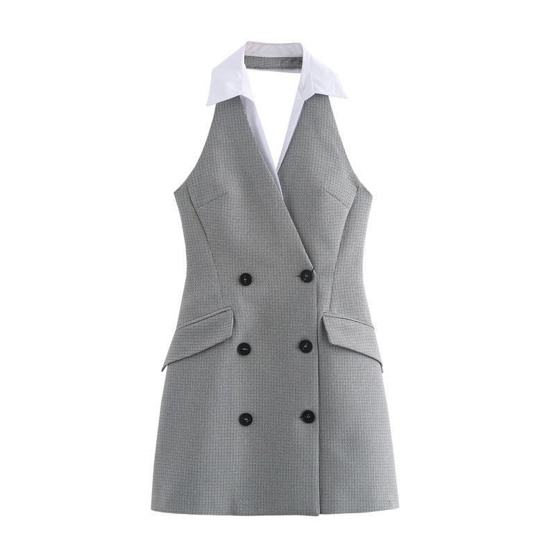 Double Breasted Sleeveless Hanging Collar Dress