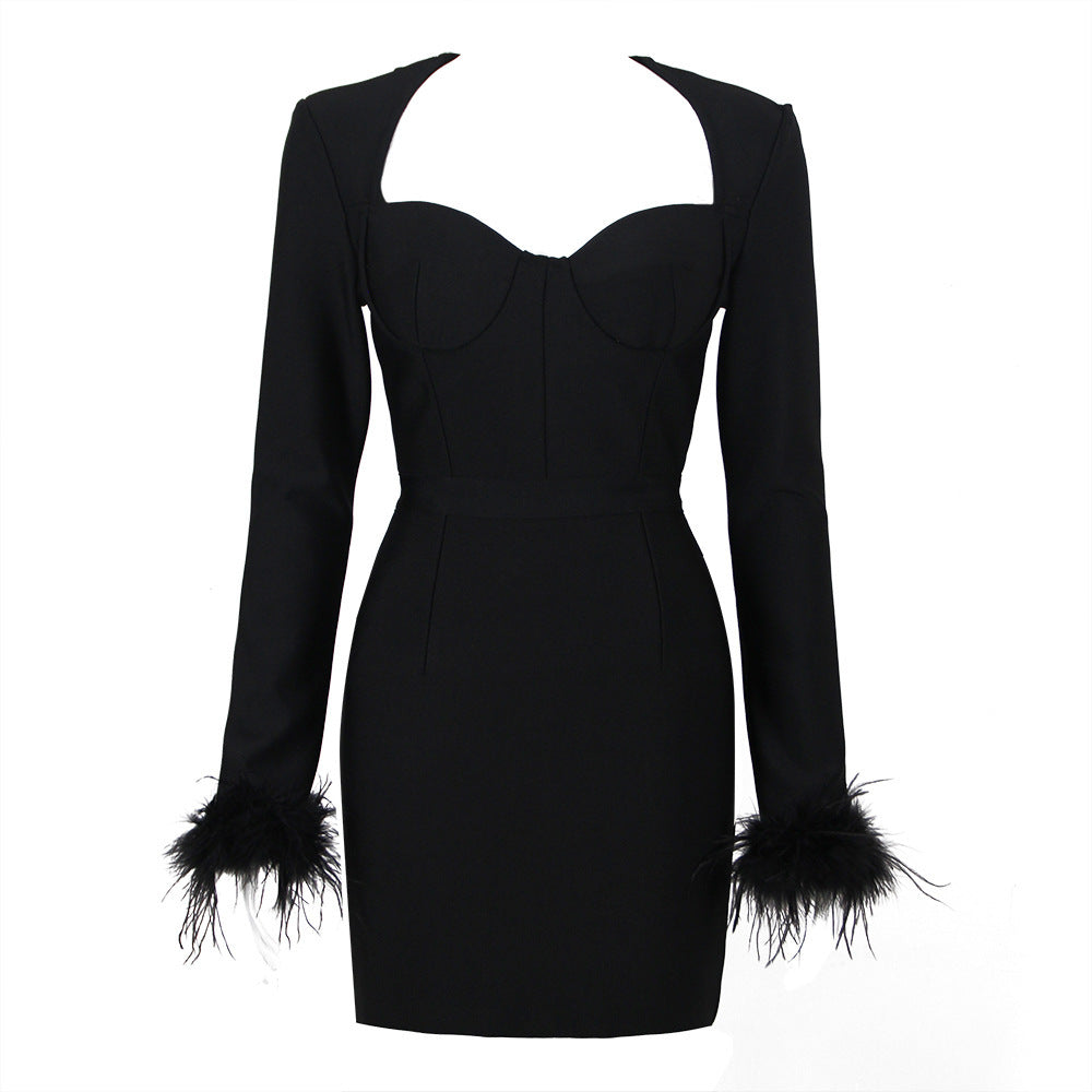 Elegant Square Neck Feather Long Sleeve