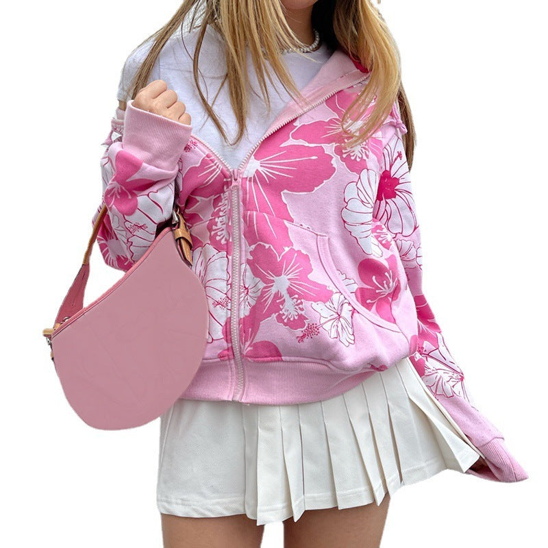 New Women's Personality Sweet Student Zipper Print Hooded Sweater