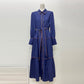 Robe élégante, style rétro simple, col polo, manches bouffantes, taille haute, couleur unie, bordure rayée, pour femme