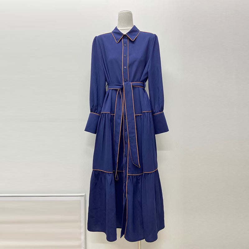 Robe élégante, style rétro simple, col polo, manches bouffantes, taille haute, couleur unie, bordure rayée, pour femme