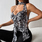 Womens Leopard-Print Printed Cami Top With Built-in Pads And Halter Neck Ties
