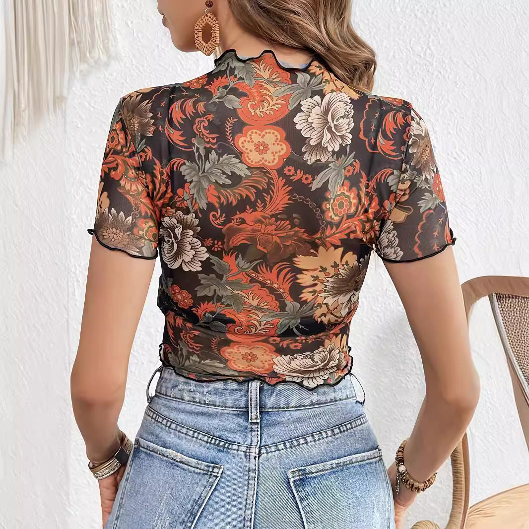 Mesh Floral Print Stringy Selvedge Short Sleeve T-shirt Slimming Top For Women