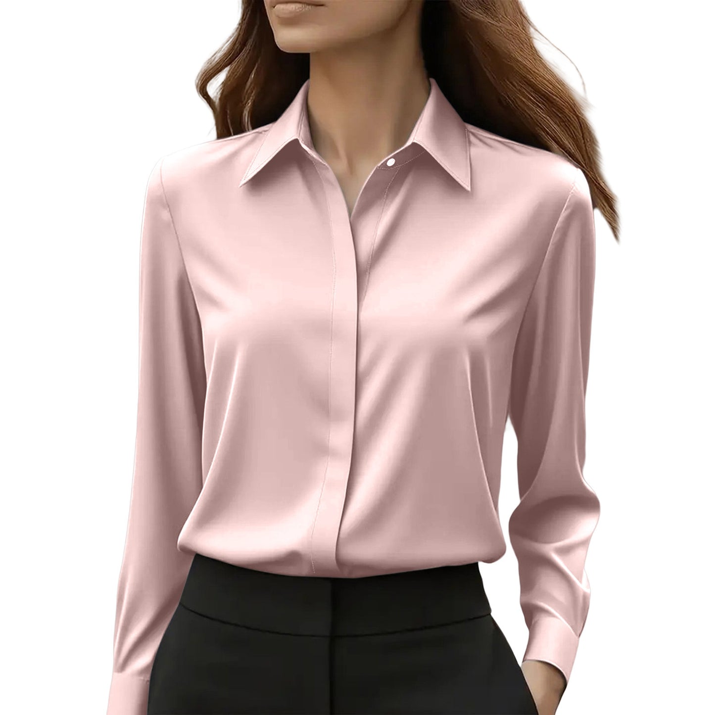 Solid Color Long Sleeve Lapel Satin Blouse