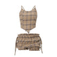 Retro Style Backless Sling Top Pleated American Shorts Suit