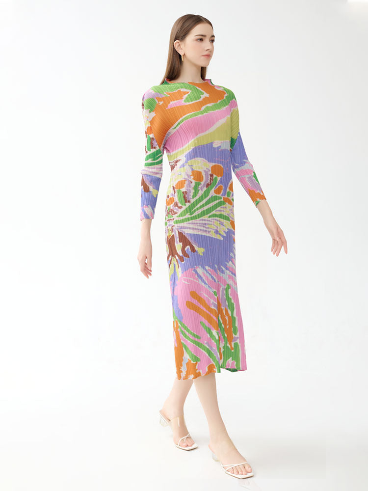 Robe imprimée décontractée à col rond et manches longues pour femme