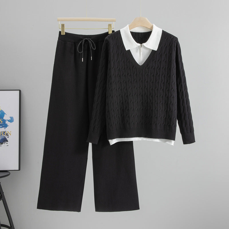 Cable-knit Sweater Polo Collar Knitwear Wide Leg Pants Two-piece Set