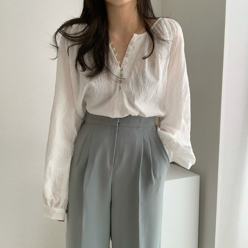 Niche Simple Round Neck Shell Button Thin Air-conditioned Shirt