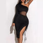 Drawstring See-through Tight Shoulder Long Sleeve Lace Mesh Body Shaping Dress