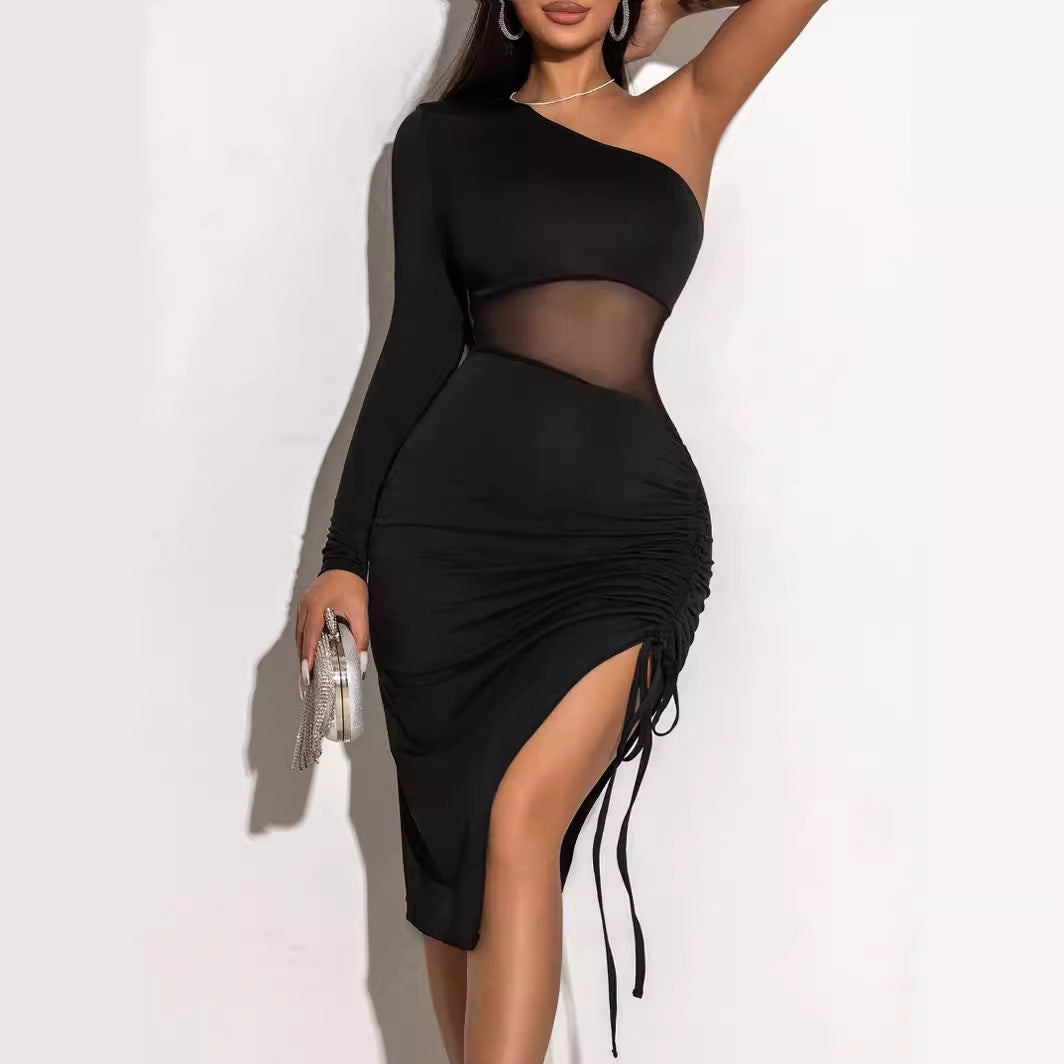 Drawstring See-through Tight Shoulder Long Sleeve Lace Mesh Body Shaping Dress