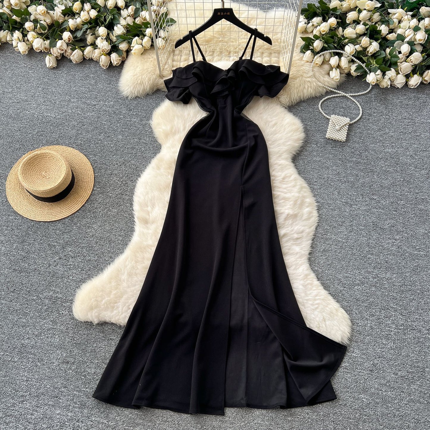 Off-the-shoulder Strap Mesh Patchwork Waist-cinched Slit Dress