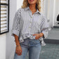 Women's Casual Loose Striped Shirt With Ruffled Hem And Short Sleeves