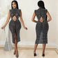 Fashion Mesh See-through Rhinestone Hollow Split Dress Women's Clothing