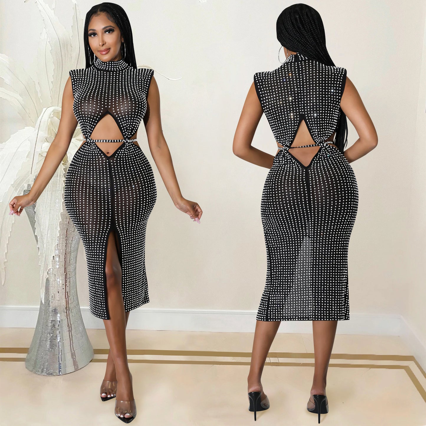 Fashion Mesh See-through Rhinestone Hollow Split Dress Women's Clothing