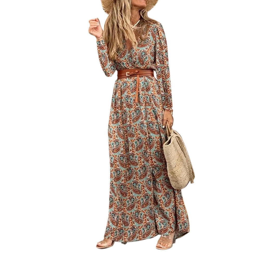 Robe fleurie bohème à manches longues et col en V