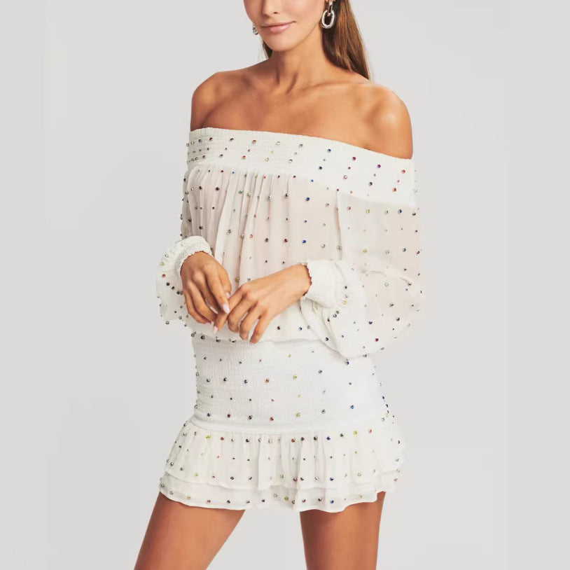 French-style Colored Diamond Mesh Ribbon Shirt Dress